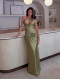 Sorella One-Shoulder Draped Satin Maxi Dress - Olive