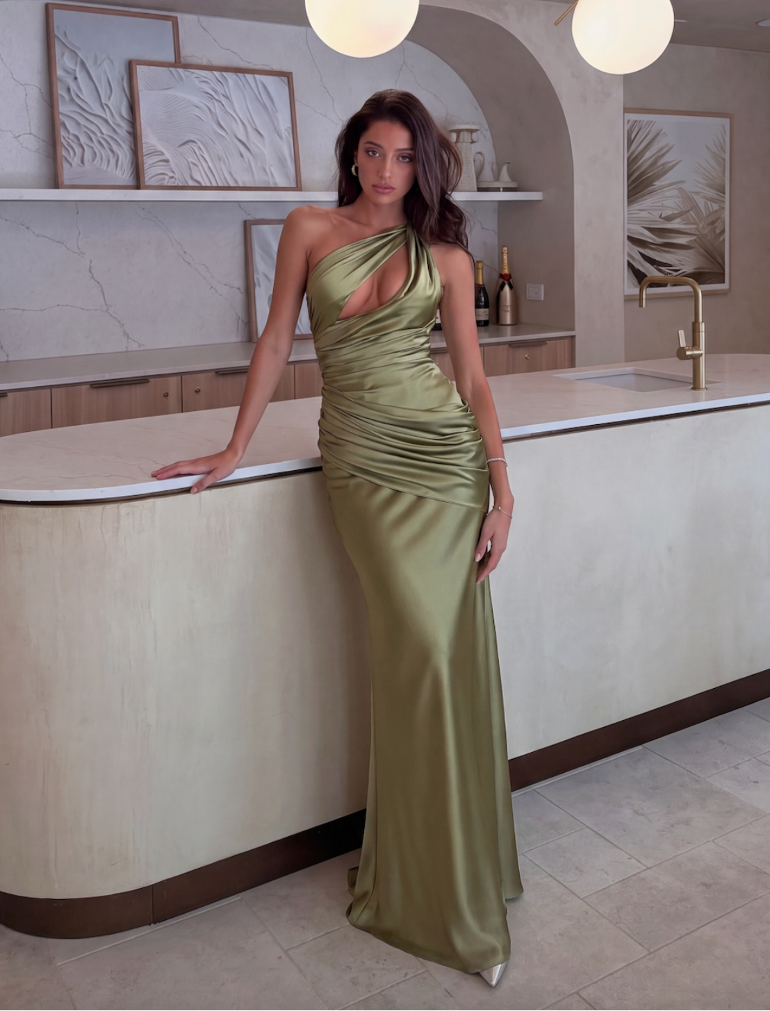 Sorella One-Shoulder Draped Satin Maxi Dress - Olive