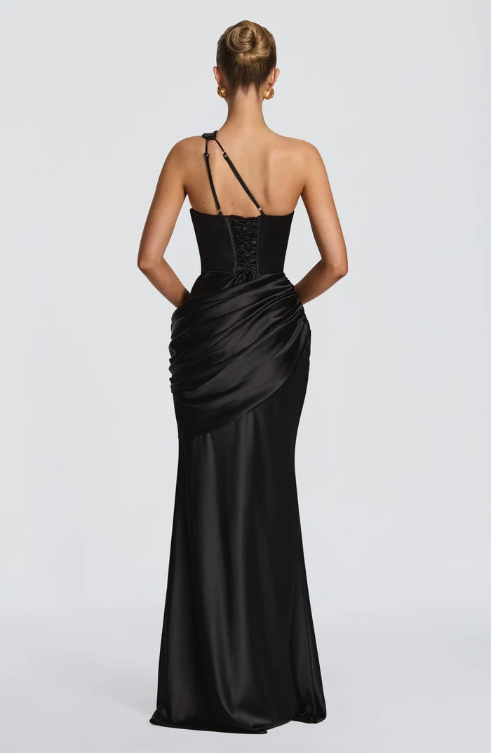 Sorella One-Shoulder Draped Satin Maxi Dress - Black
