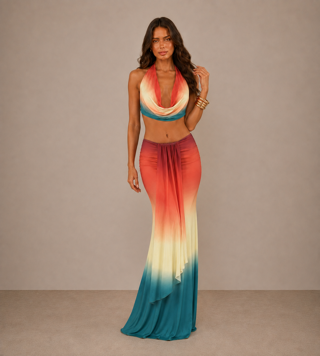 Sienna Ombre Halter Drape Maxi Set