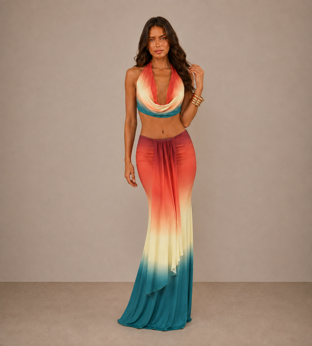 Sienna Ombre Halter Drape Maxi Set