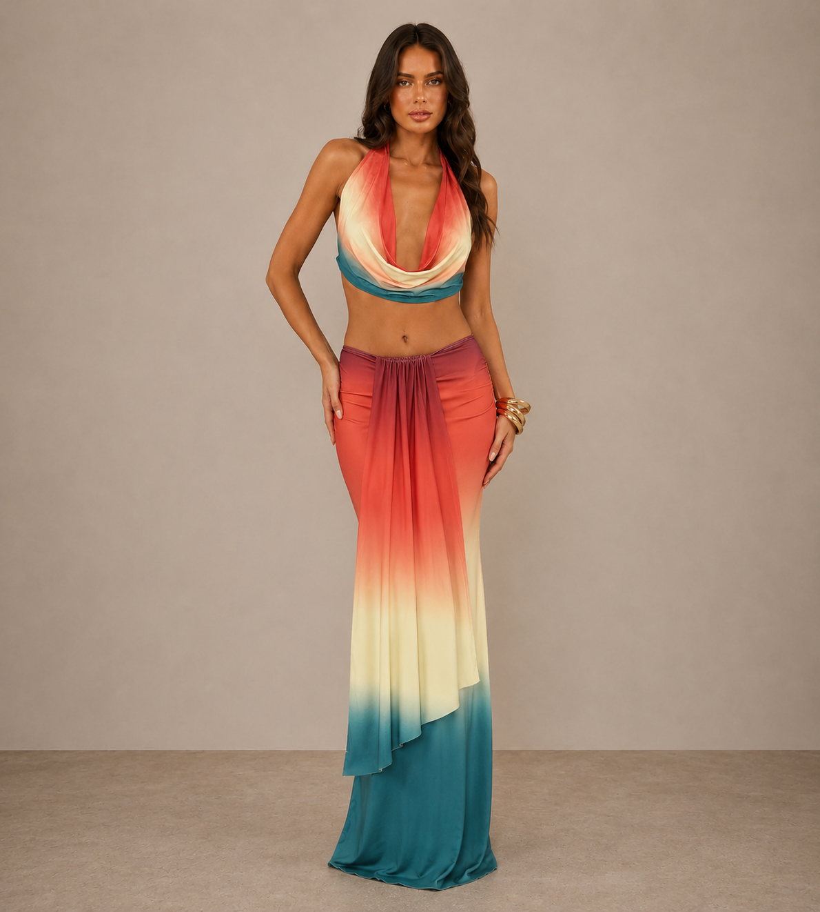 Sienna Ombre Halter Drape Maxi Set