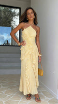 Eloise Pleated Ruffle Halter Maxi Dress - Yellow
