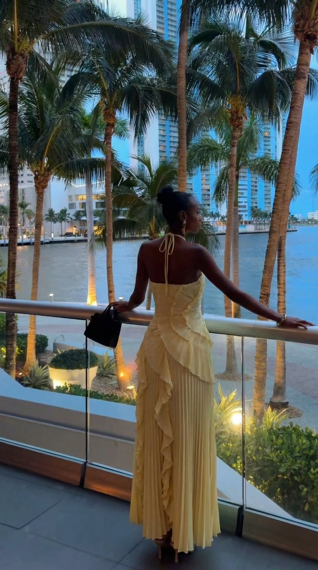 Eloise Pleated Ruffle Halter Maxi Dress - Yellow