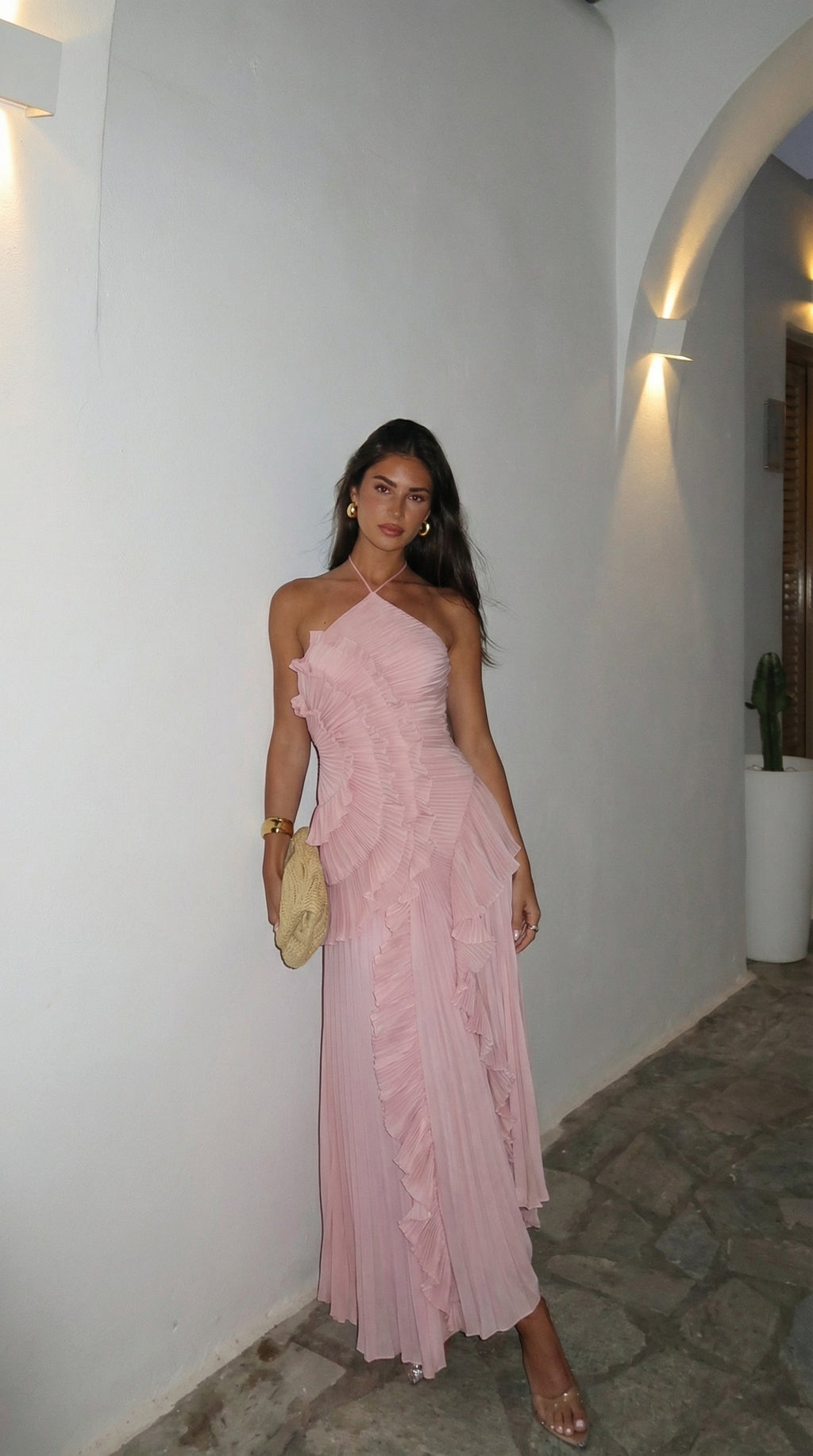 Eloise Pleated Ruffle Halter Maxi Dress - Ivory