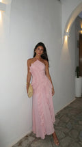 Eloise Pleated Ruffle Halter Maxi Dress - Pink