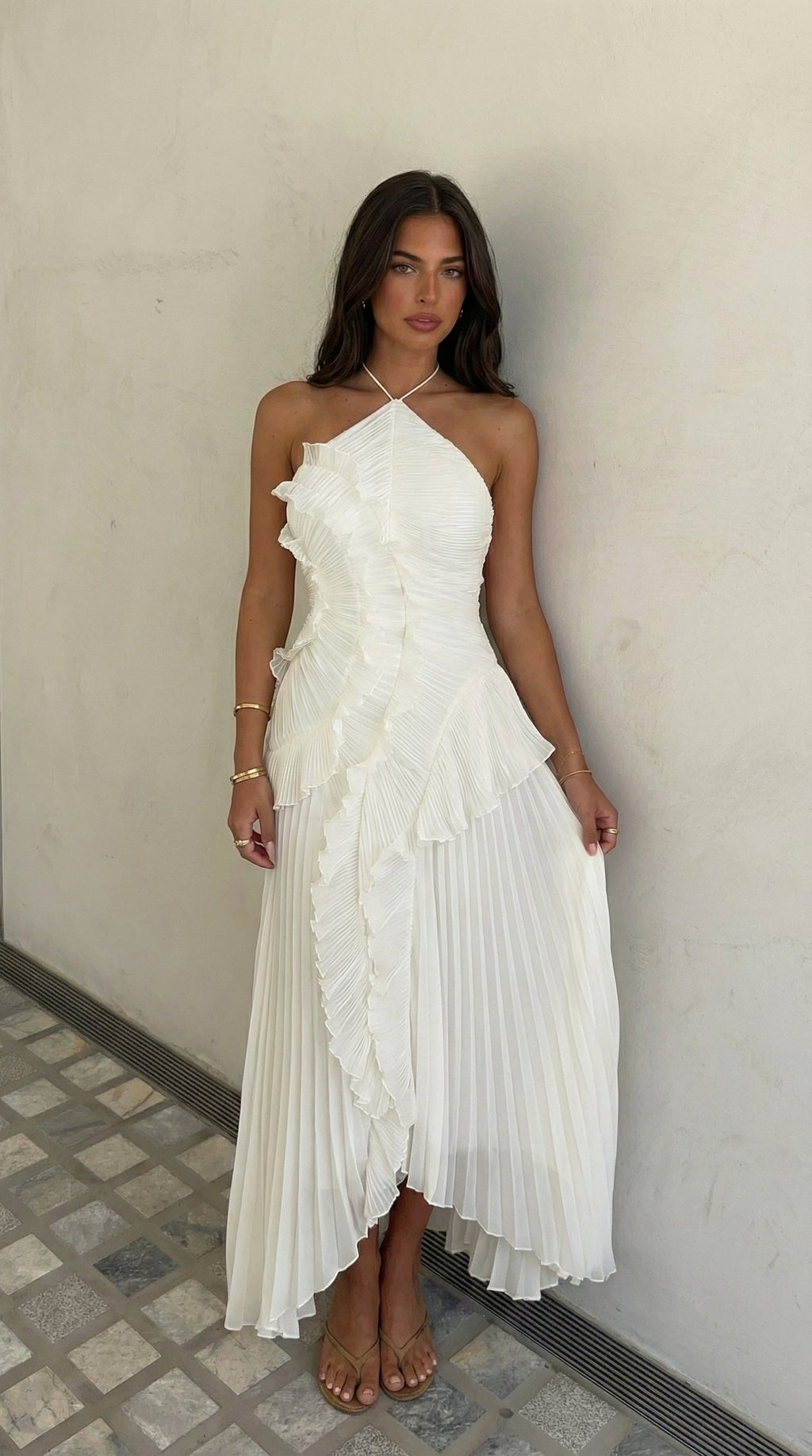 Eloise Pleated Ruffle Halter Maxi Dress - Ivory