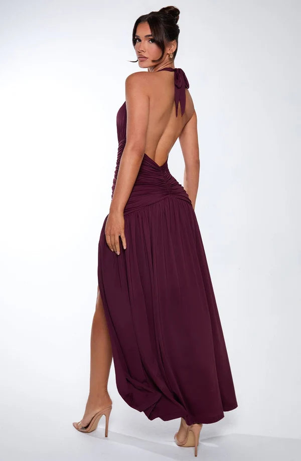Delphine Plunge Ruched Halter Slit Maxi Dress - Plum