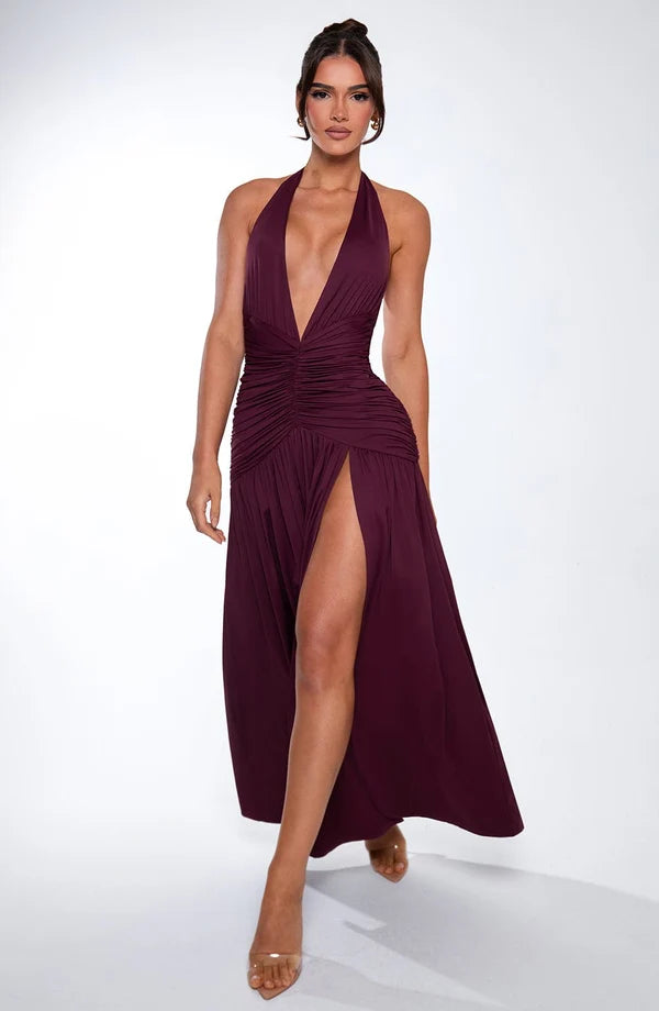 Delphine Plunge Ruched Halter Slit Maxi Dress - Plum